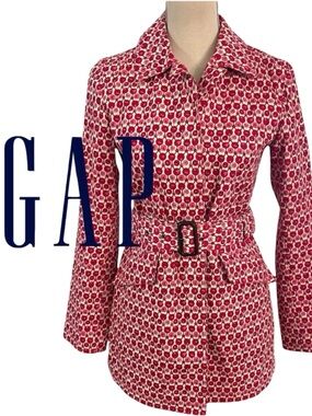 Gap Red/Pink/Cream Print Cotton Belted Trench Coat (XS)